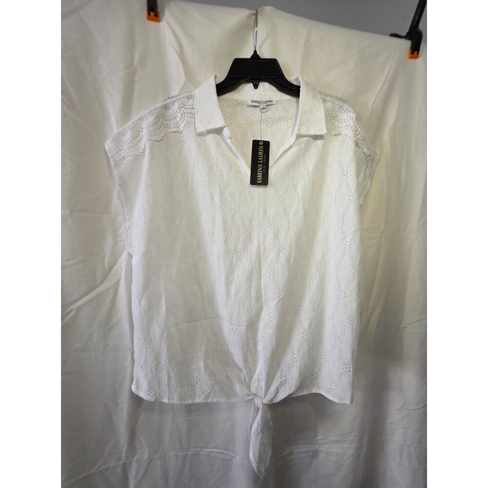 Sabrina Lauren New York Womens White Eyelet Collared Tie Front Blouse XL